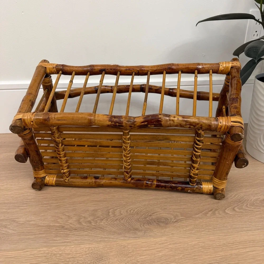 RARE Vintage 1980 Burnt Bamboo Magazine Rack Tortoise Shel Rattan Storage Basket